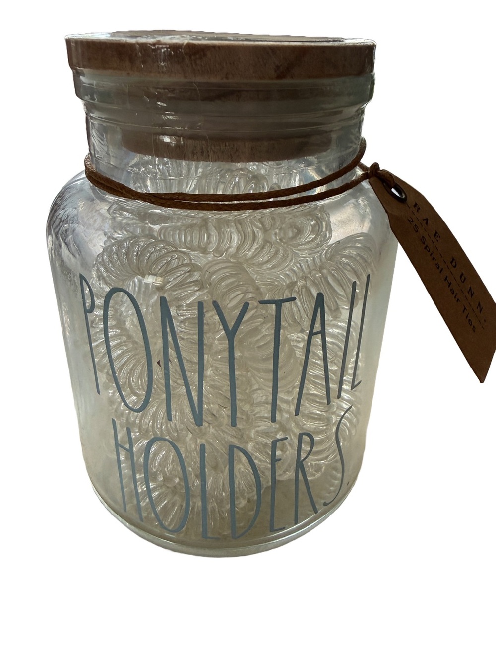 Rae Dunn Clear Glass Ponytail Holders Jar with Light Blue Lettering and Wood Lid